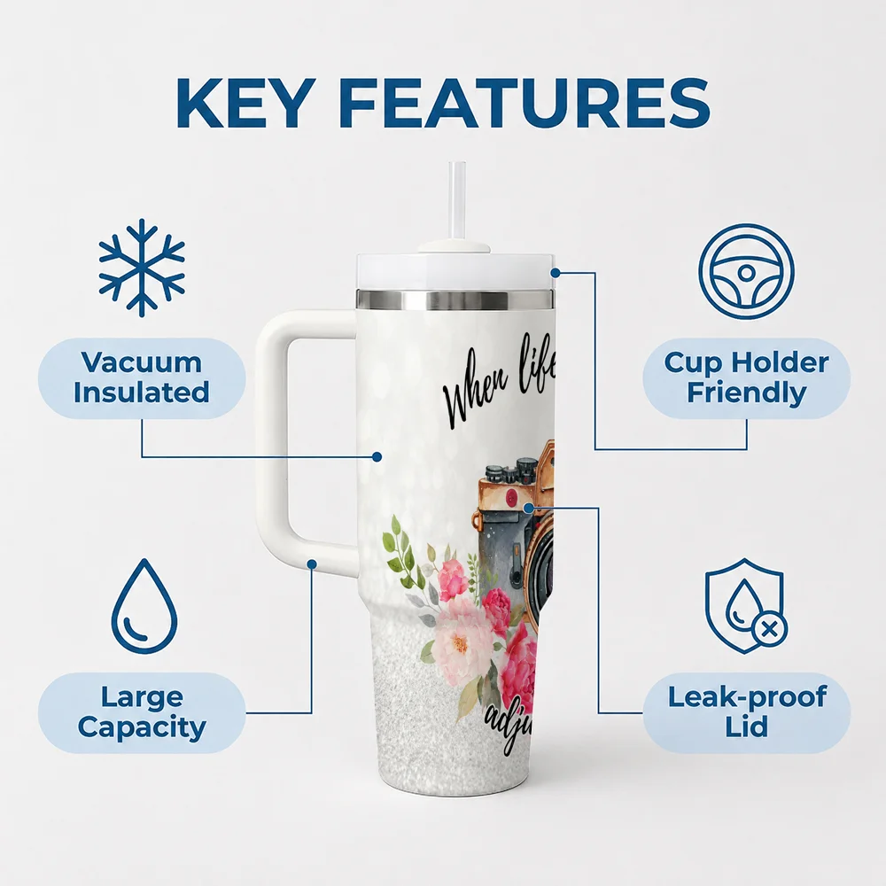 40oz Stainless Steel Tumbler with Handle & Straw – Insulated Travel Cup