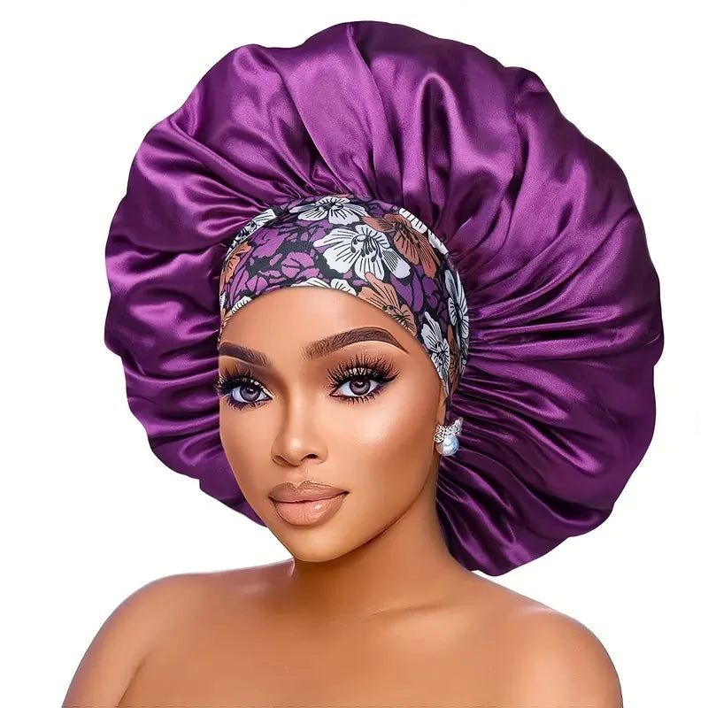 Extra Large Silky Satin Hair Bonnet For Women Thick Hair Sleep Cap Elastic Band Beanie African Headwrap Flower Turban Chemo Caps