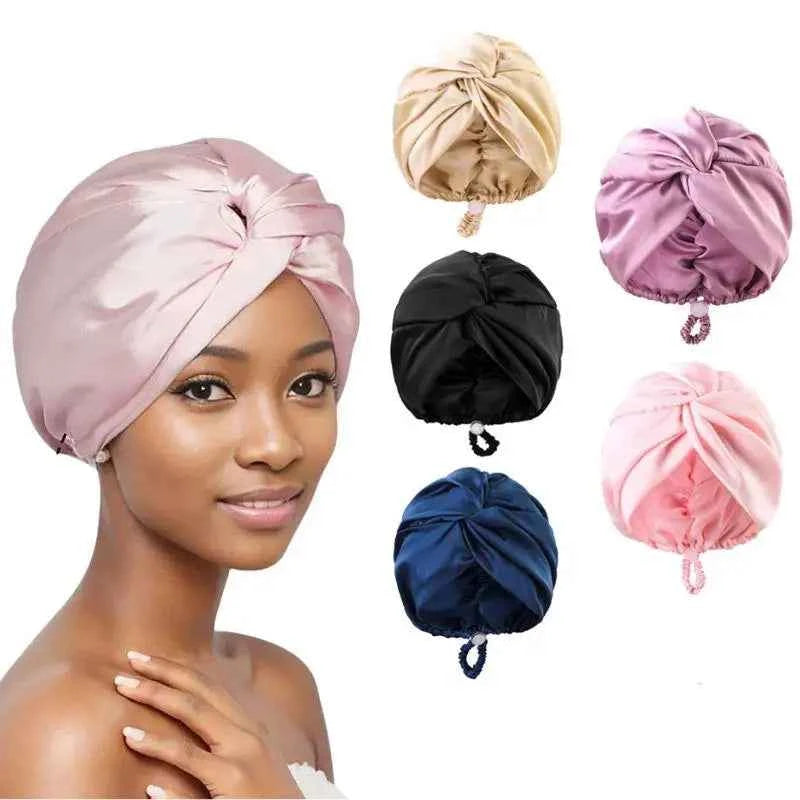 Hot Silk Turban Bonnets For Women Satin Bonnet Hat Double Layer Hair Wrap Adjustable Knotted Hat Care Turban Satin Sleep Hat
