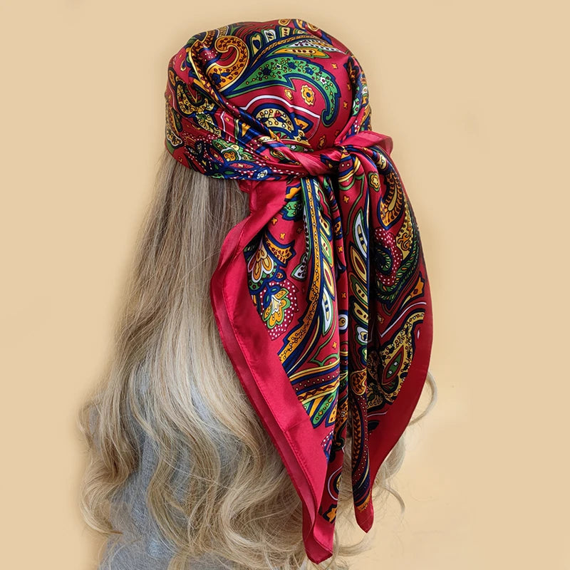 New 90*90cm Retro Brand Women Silk Scarf Bandanna Fashion Bohemian Pattern Square Hijab Lady Wrap Headband foulard muffler