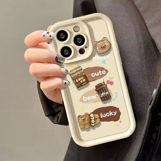 Cute 3D Bear Coffee Phone Case For Realme 14 Pro Plus 8 8i 9i 10 11 12 13 Pro 5G C21 C35 C75 C53 C67 C55 C63 C61 Matte TPU Cover