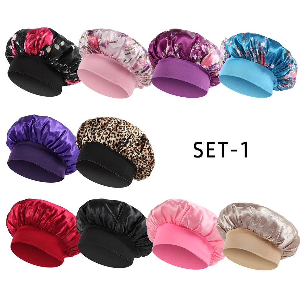10PCS Women Satin Bonnet Elastic Wide Band Night Sleep Hat Solid Floral Printed Soft Silk Cap Set Beauty Salon Hair Care Hats - NamafadStore