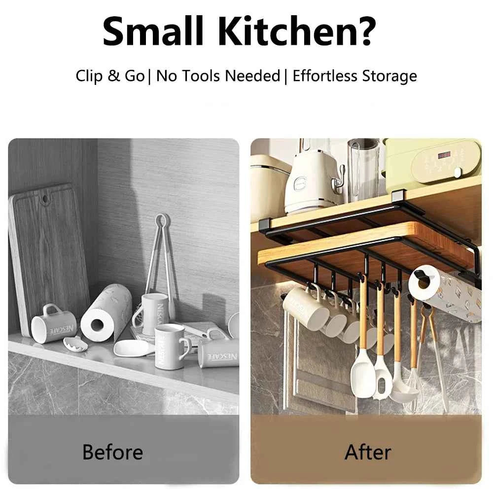 Under Cabinet Kitchen Organizer Rack with Hooks Multi-Purpose Storage Shelf for Paper Towel Cutting Board & Pot Lids