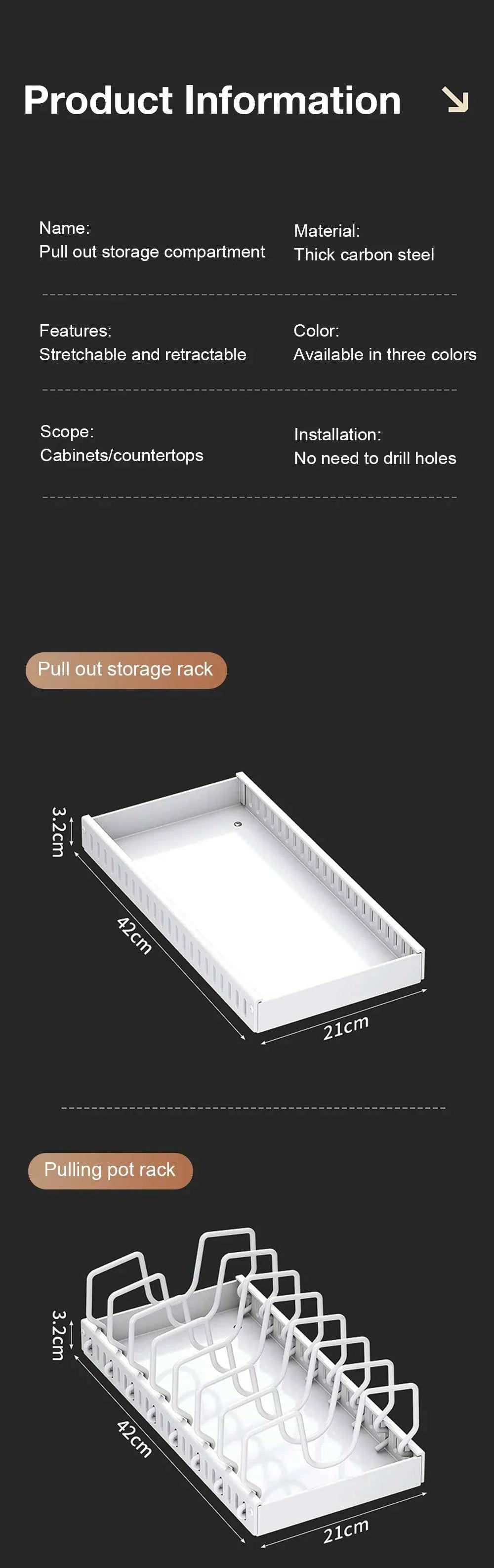 1Pc Kitchen Multifunctional Organizer Pull Out for Pots/Pans Sliding Lid Holder Spice Rack & Dish Drying Racks Drawer Organizer