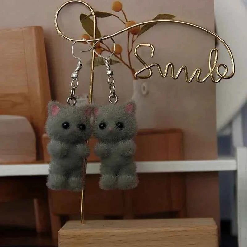 Cute Resin Flocked 3D Cat Earrings,Cartoon Animal Earrings,Holiday Party Gift
