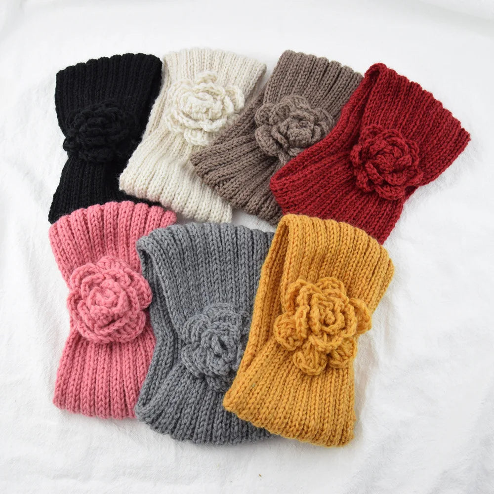 Women Rose Flower Knitted Headbands Women Autumn Winter Crochet Head Wrap wide Woolen Hairband Turban Bandana Hair Accessories - NamafadStore