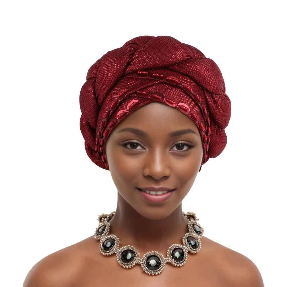 2025 Latest African Auto Gele Headtie Already Made Headties Shinning Turban Cap for Women Ready Nigerian Hijab Braid Head Wraps