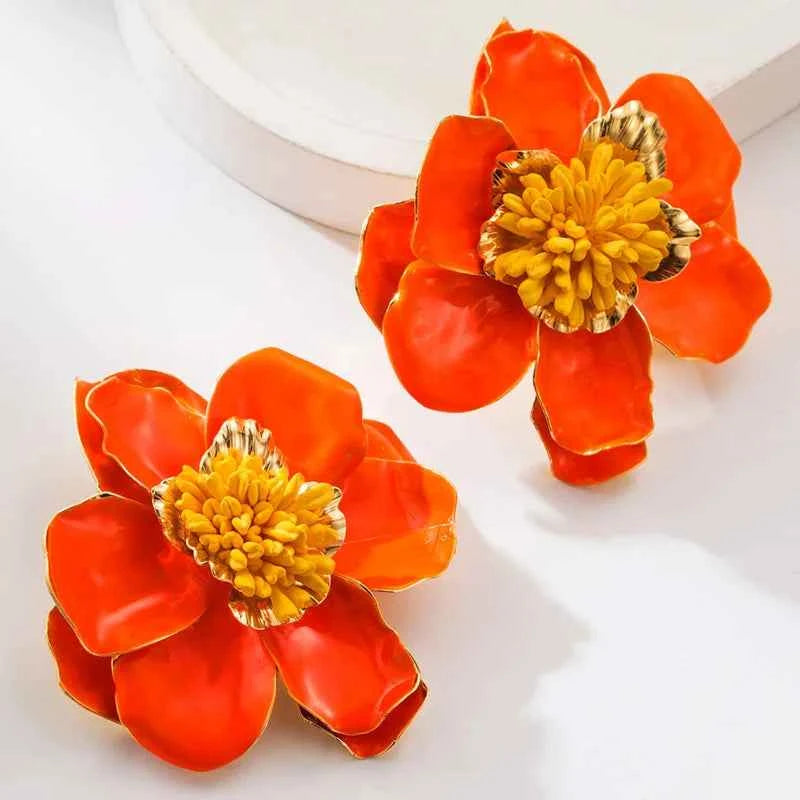 Two-tone Large Metal Flower Enamel Post Earrings For Women Fashion Jewelry Holiday Accessories Wholesales Trendy New Style MQ644
