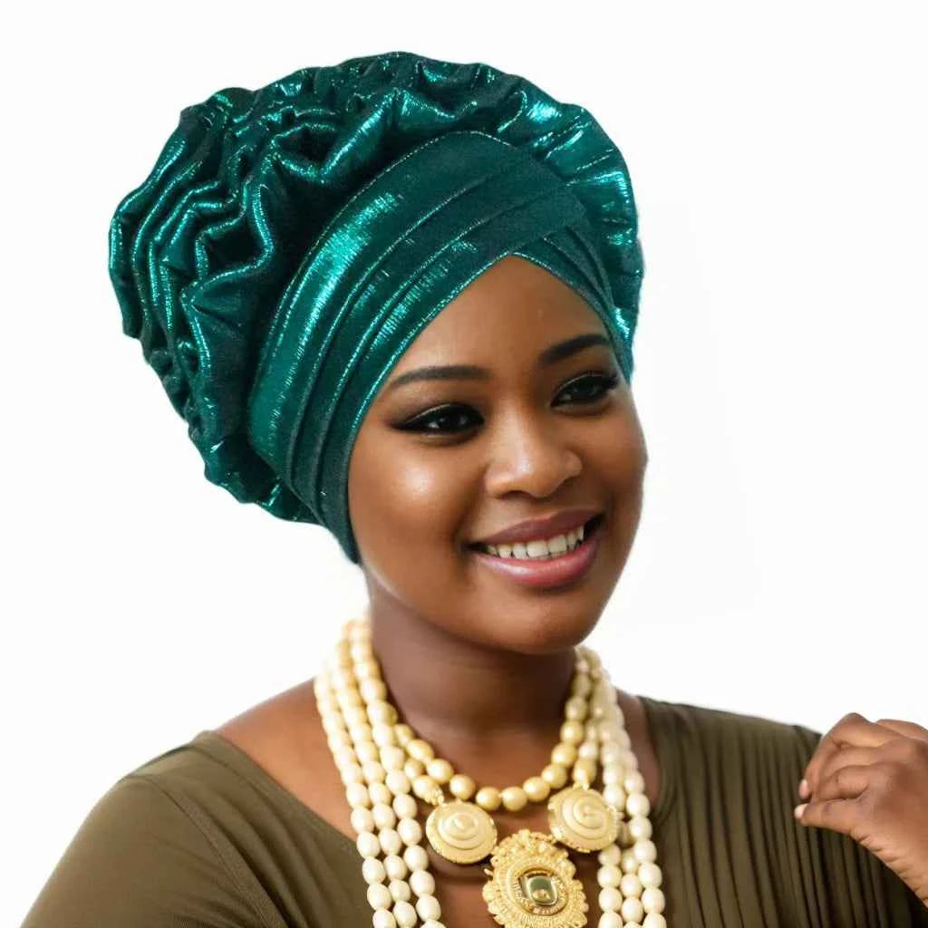 Women’s Glitter Pleated Turban Cap – Auto Gele Headtie African Wedding & Party Head Wrap