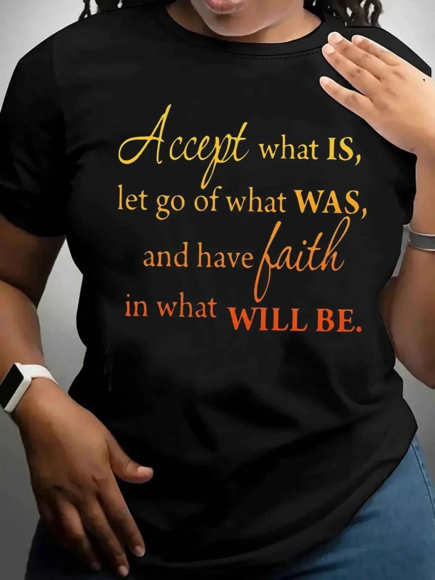 Accept What Is Women's Tee - Inspirational Faith Quote Graphic Black Top