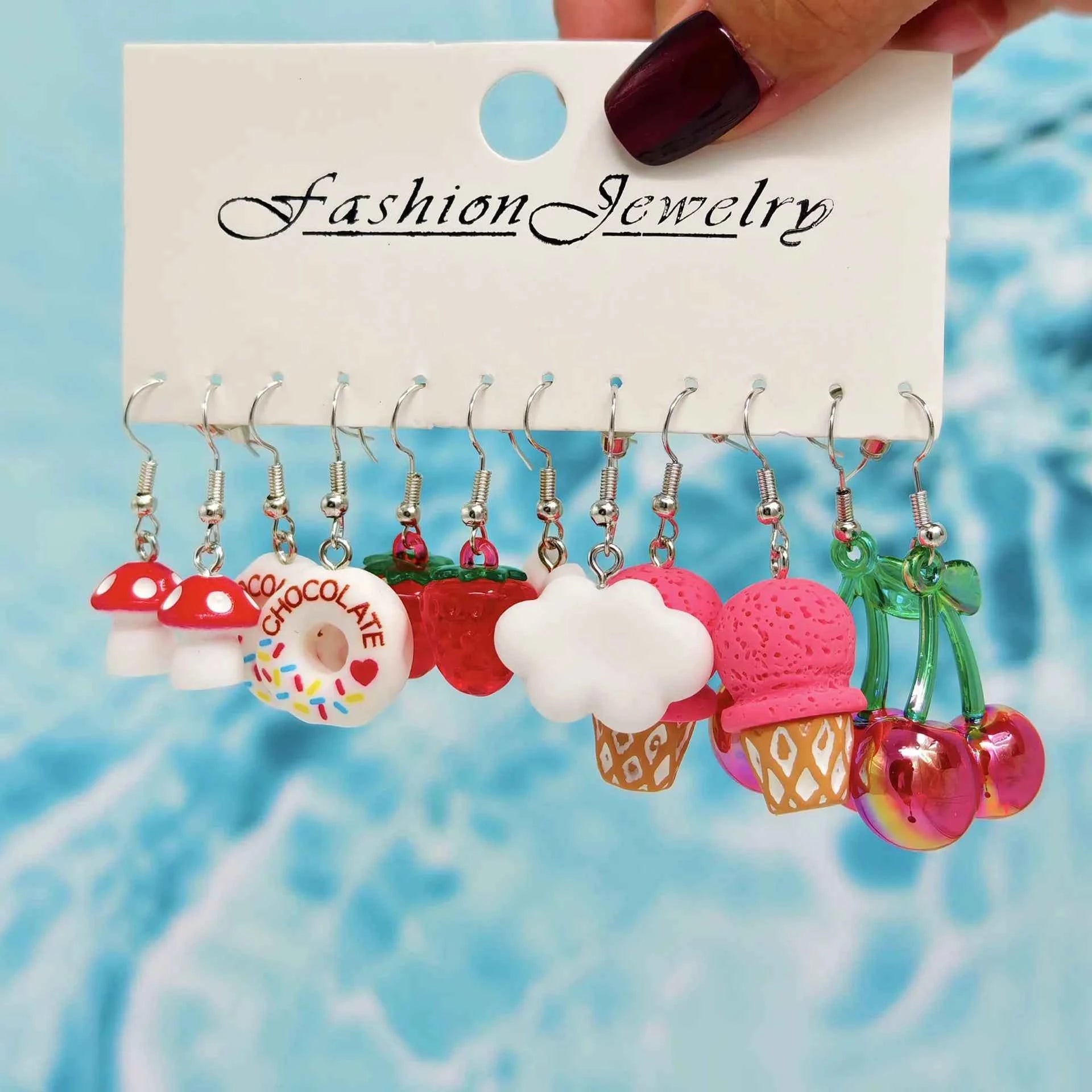 cartoon candy color matching resin earrings cherry mushroom donut ice cream combination set
