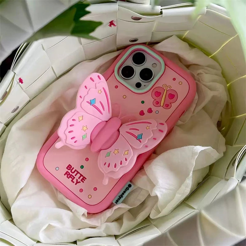 3D Butterfly Folding Stand Phone Holder Case For iPhone 16 15 14 13 12 Pro Max 11 8 7 6 Plus SE X XR Soft Silicone Cartoon Cover