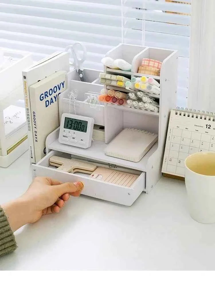 Mark Pen Pencil Holder Wooden Desk Organizers Shelves Accessories Desktop Stationery Organizer Bookshelf Home Office Storage Box