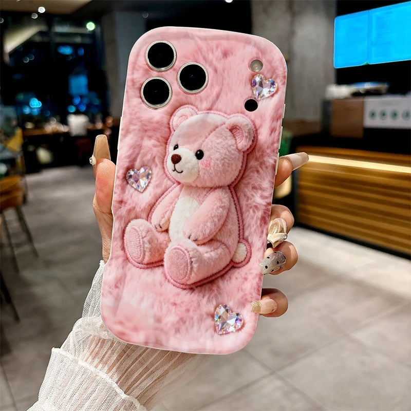 Cartoon Pink Plush Bear Printed Phone Case For Samsung Galaxy A16 A26 A36 A56 A55 A54 S26 Ultra S25 S24 S23 FE S22 S21Plus Cover