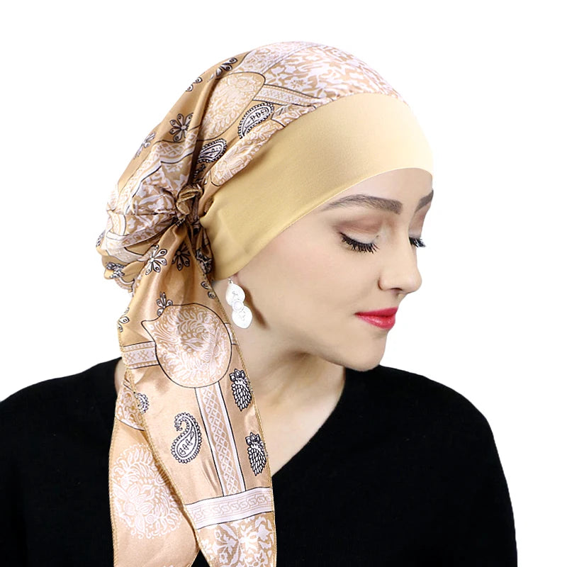 Printed Pre-tie Headscarf Women Elastic Muslim Female Turban Cancer Chemo Hat Hair Loss Cover Head Wrap Headwear Stretch Bandana - NamafadStore