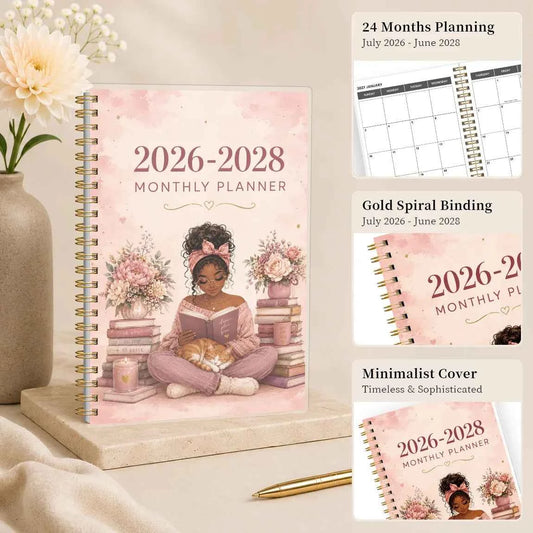 1PC 2026.7-2028.6 24 Monthly Planner, Reading Girl A5 Spiral Agenda Notebook with Reference Calendars and Notes Pages