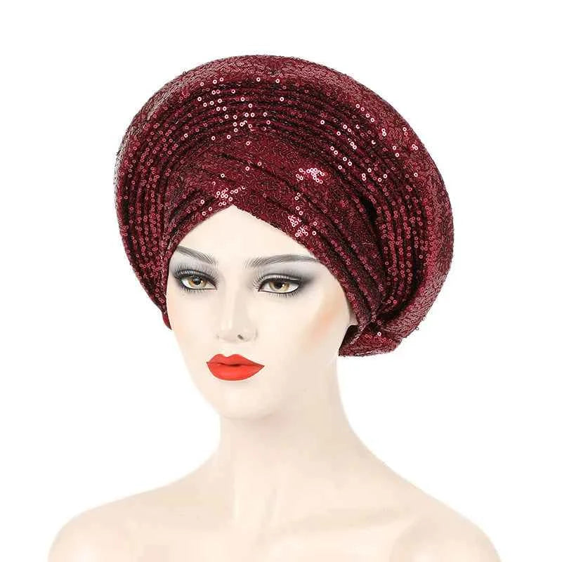 2025 Sequins Turban Chemo Cap for Women Ready to Wear African Auto Gele Headtie Nigeria Wedding Geles Female Head Wrap Headpiece