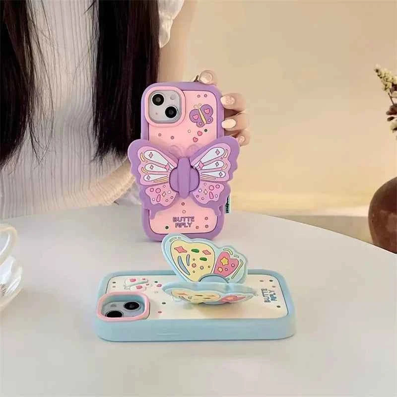3D Butterfly Folding Stand Phone Holder Case For iPhone 16 15 14 13 12 Pro Max 11 8 7 6 Plus SE X XR Soft Silicone Cartoon Cover