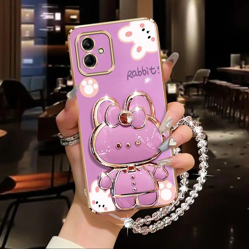 Diamond Strap Rabbit Phone Holder Case For Samsung Galaxy A01 A02 A03 A04 A05 A10 A11 A12 A23 A20S A21S A30 A31 A50 Stand Cover