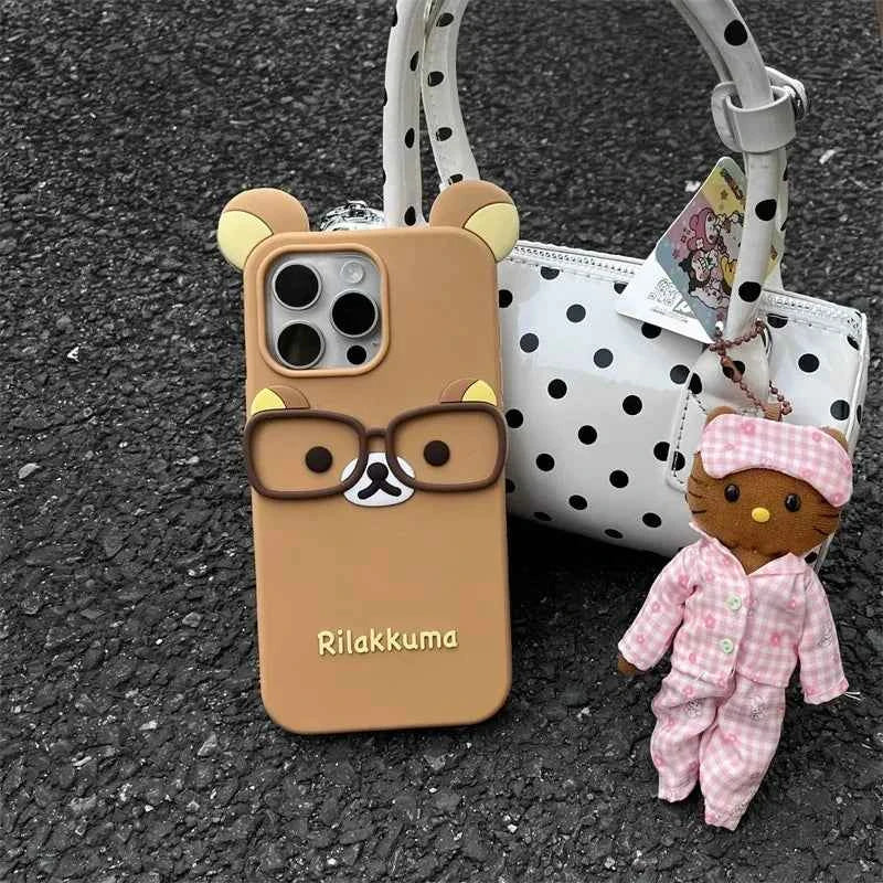For iPhone 16 15 14 Plus 13 12 Pro Max 11 X Xs Max 7 8 SE 6s 5s Phone Case 3D Cartoon Glasses Rilakkuma Bear Soft Silicone Cover