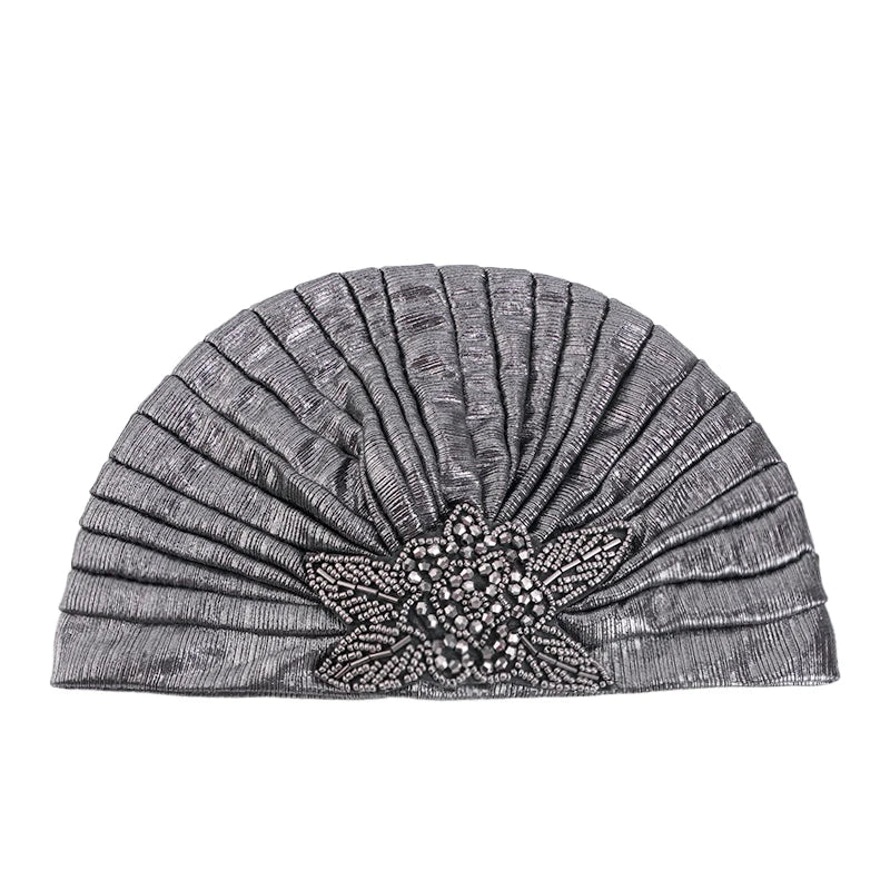 New Women Rhinestone Flower Pleated Turban Cap Ethnic Indian Hat Vintage Non Slip Head Band Chemo Cap Beanies Hair Accessories - NamafadStore