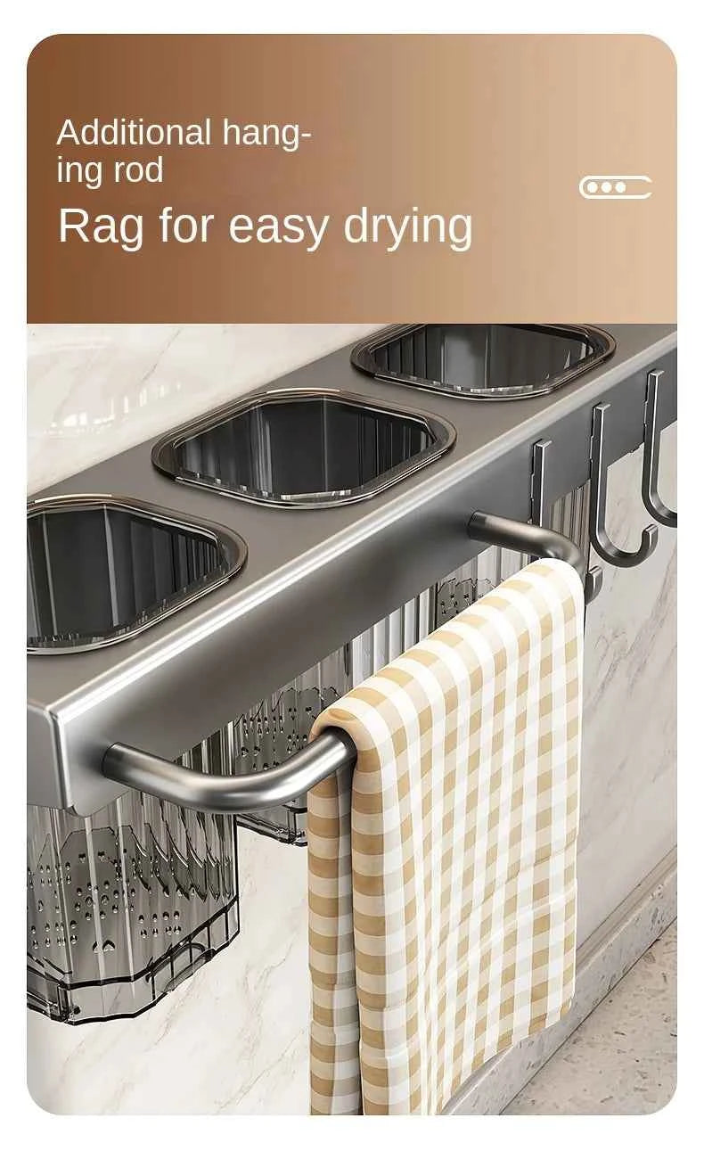 Wall-mounted knife rack for kitchen, multifunctional, no drilling required, knife and utensil holder, chopstick tube, integrated