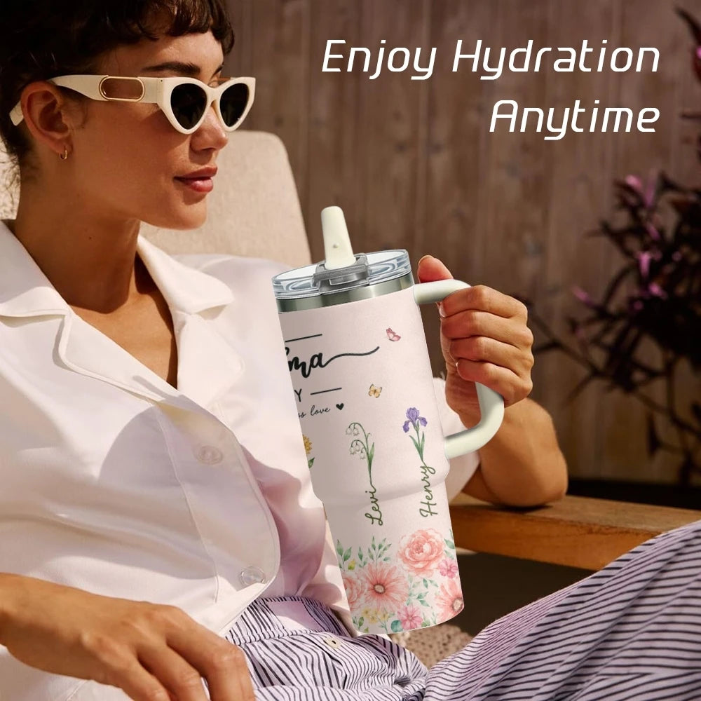 40oz Family Love Floral Tumbler – Insulated Stainless Steel Travel Mug