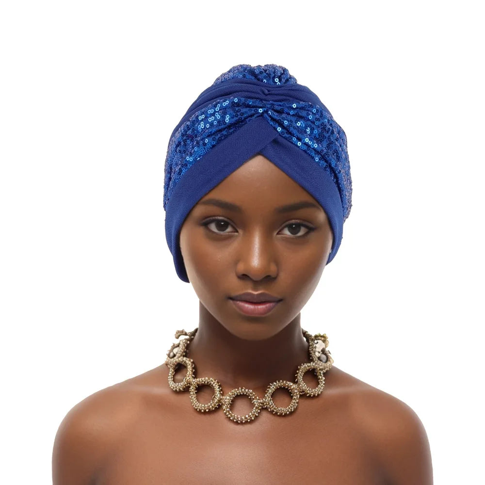 Shining Sequins African Turban Cap Female Head Wraps Muslim Headscarf Bonnet Hijab Hat Nigeria Wedding Party Headpiece - NamafadStore