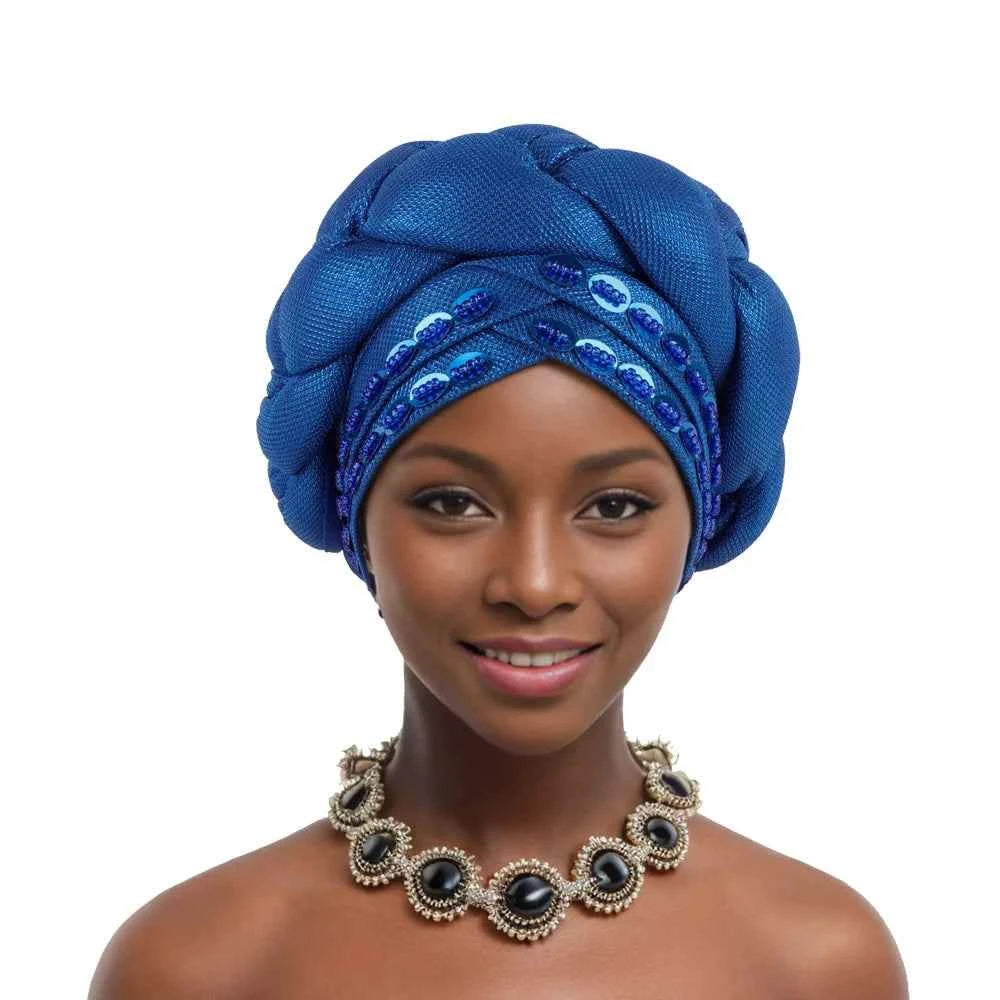 2025 Latest African Auto Gele Headtie Already Made Headties Shinning Turban Cap for Women Ready Nigerian Hijab Braid Head Wraps