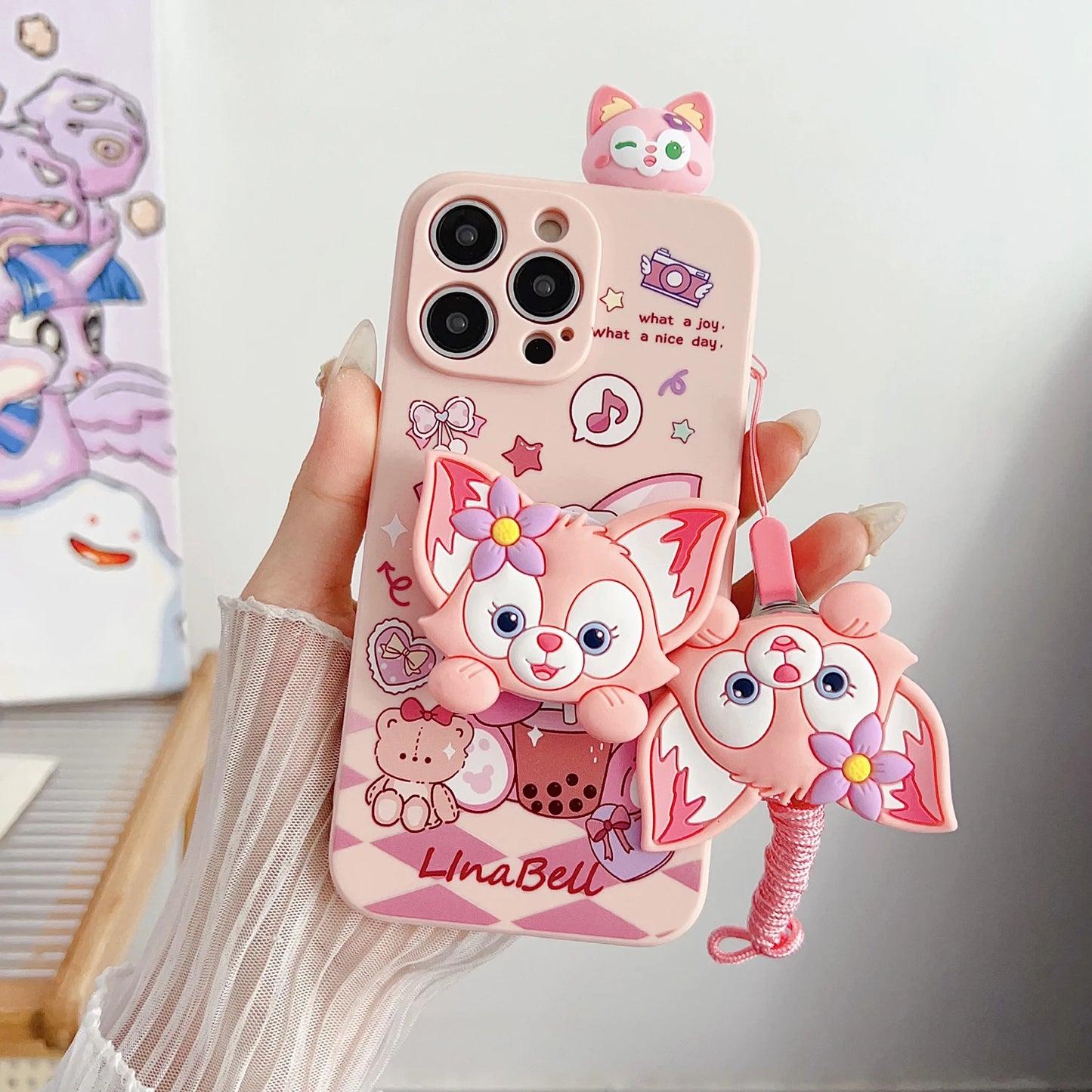 3D Cartoon StellaLou LinaBell Doll Phone Case With Holder Rope Lanyard For iPhone 17 16 Pro Max 15 Pro 14 Plus 13 12 11 Mini