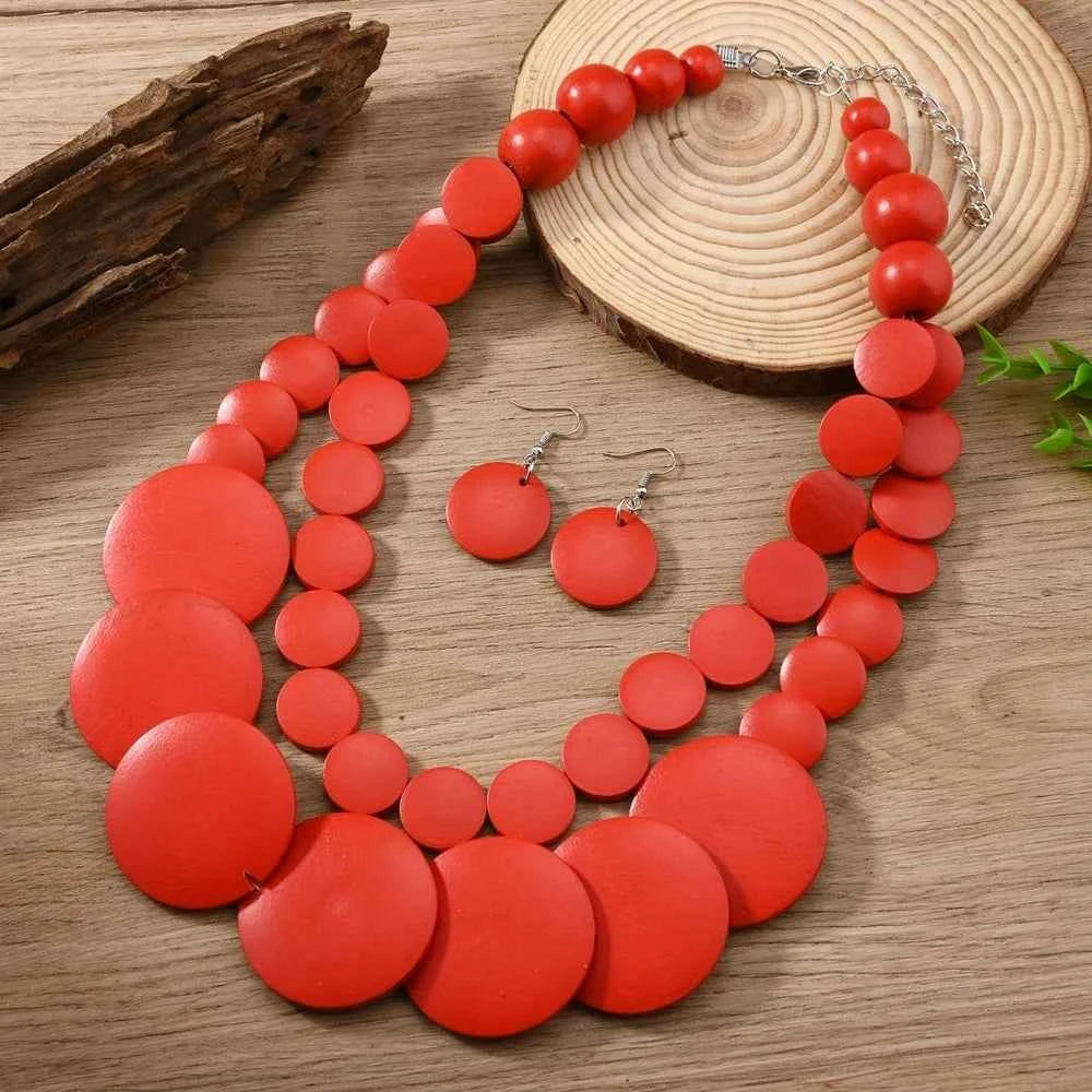 African Jewelry Bohemian Colored Geometric Round Wooden Beads Handmade Bead Necklace And Earrings Women's Party Accessories