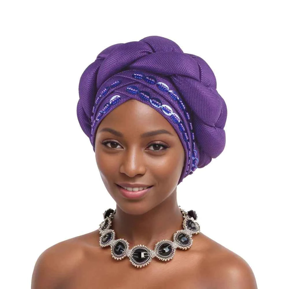 2025 Latest African Auto Gele Headtie Already Made Headties Shinning Turban Cap for Women Ready Nigerian Hijab Braid Head Wraps