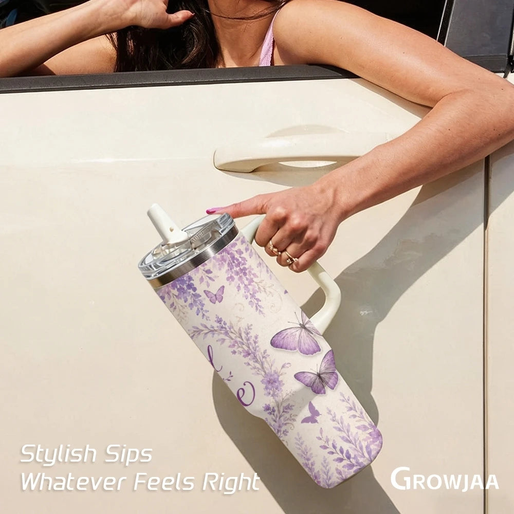 Purple Butterfly 40oz Tumbler – Floral Stainless Steel Insulated Cup with Straw