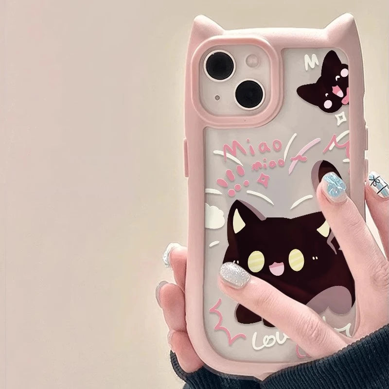 Cartoon Cute Cat Transparent Case for iPhone 15 16 14 13 17 Pro Max Plus 12 11 17 Air Cat's Ears Clear Shockproof Silicone Cover