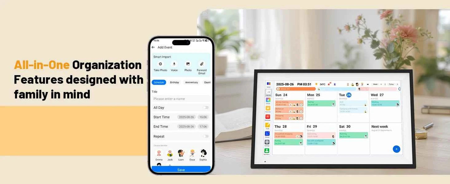 15.6 Inch Wall Planner Digital Calendar Chore Chart Smart Touchscreen Interactive Display APP Control 64GB for Family Schedules