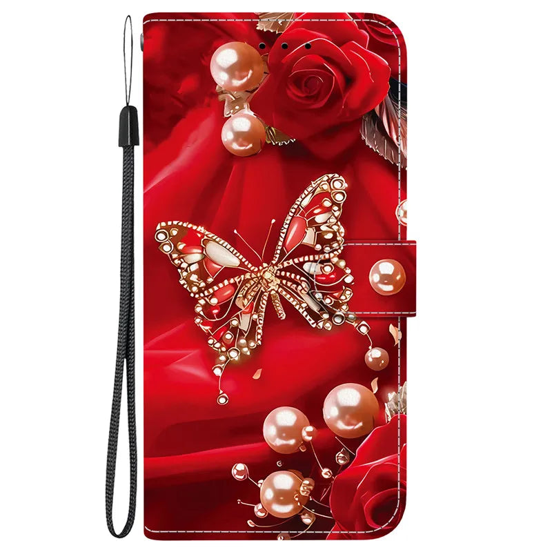 Elegant Colored Flower Wallet Phone Case For iPhone 15 14 Plus 13 Mini 15Pro Pro Max Magnetic Flip Leather Cover Cute 3D Pattern