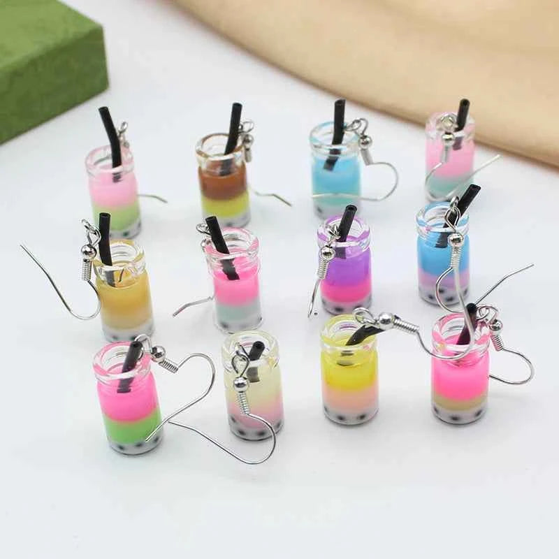 Trend Creative Funny Three Layers Colored Bubble Milky Tea Pendant Earrings for Women Personality Drink Ear Jewelry Girl Gift