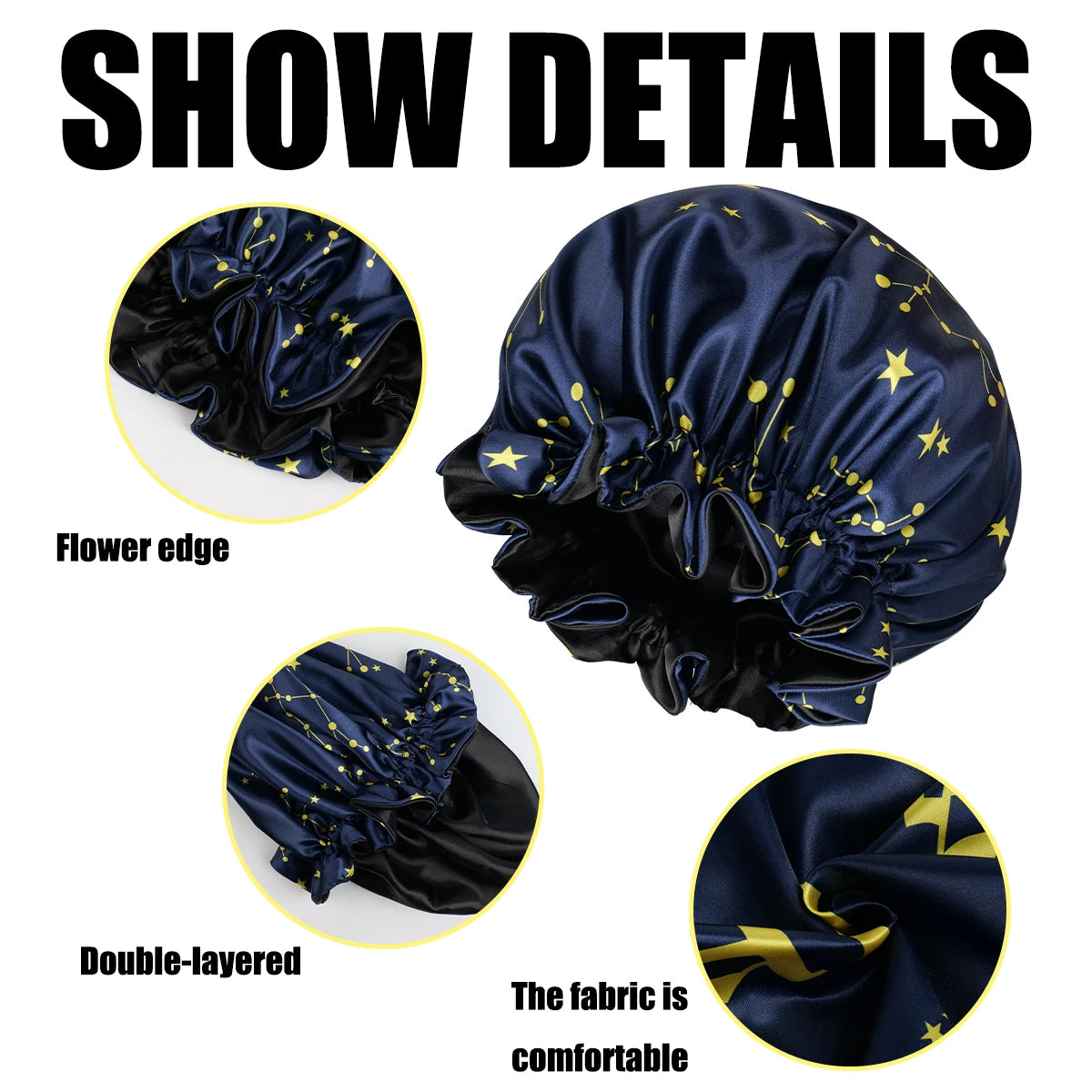 1PC Constellation Print Satin Sleep Bonnet with Wide Band Soft Wrap Comfortable Cap for Daily Use Makeup & Face Washing - NamafadStore