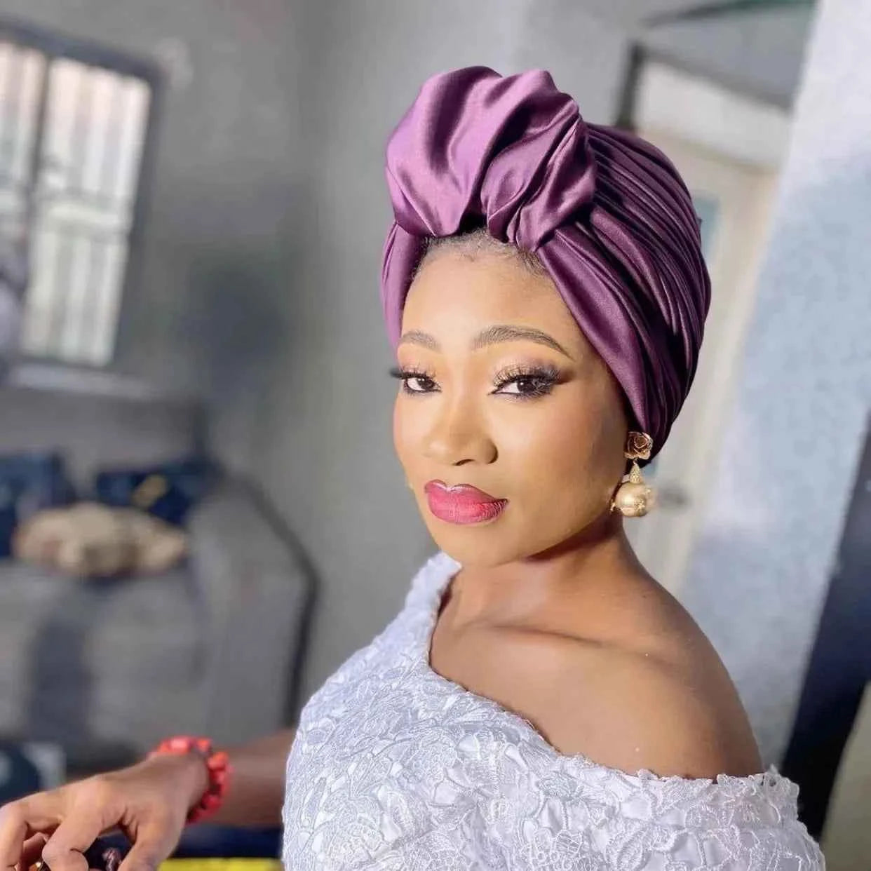 Fashion Satin Croissant Ruffled Turban Caps for Women African Head Wraps Nigeria Wedding Party Headpiece Muslim Headscarf Bonnet