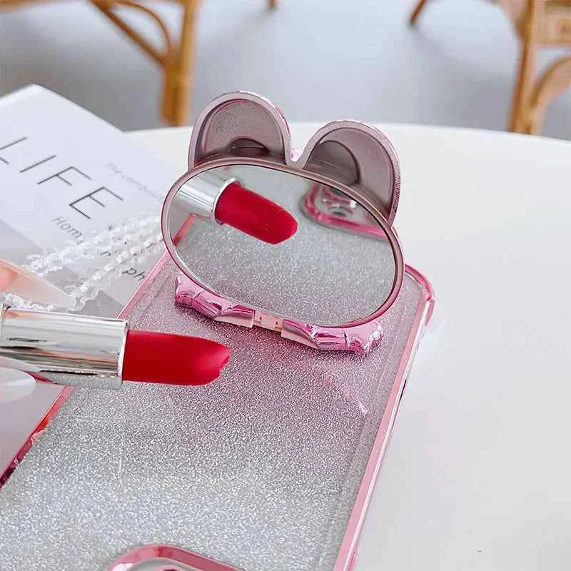 Luxury Shockproof Phone Case with Cute Rabbit Makeup Swivel Stand Crystal Lanyard For Xiaomi Redmi 13C 4G Poco C65 Back Cover