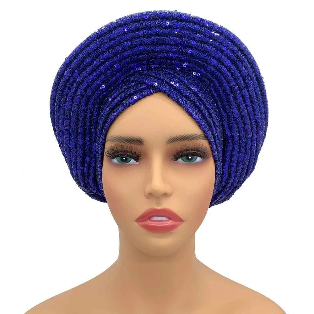 Sequins Auto Gele Headtie African Women's Head Wraps Fashion Turban Cap Nigeria Wedding Geles Already Made Head Ties Headpiece