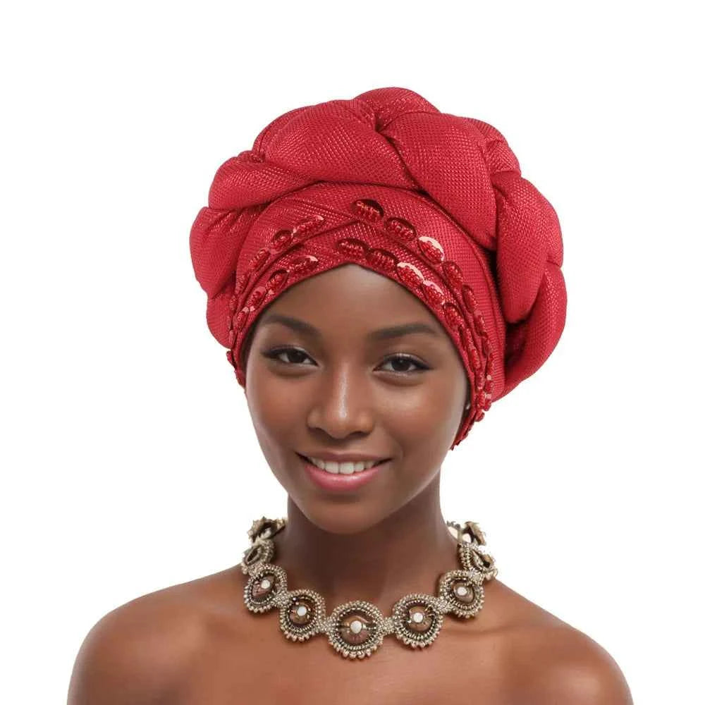 2025 Latest African Auto Gele Headtie Already Made Headties Shinning Turban Cap for Women Ready Nigerian Hijab Braid Head Wraps