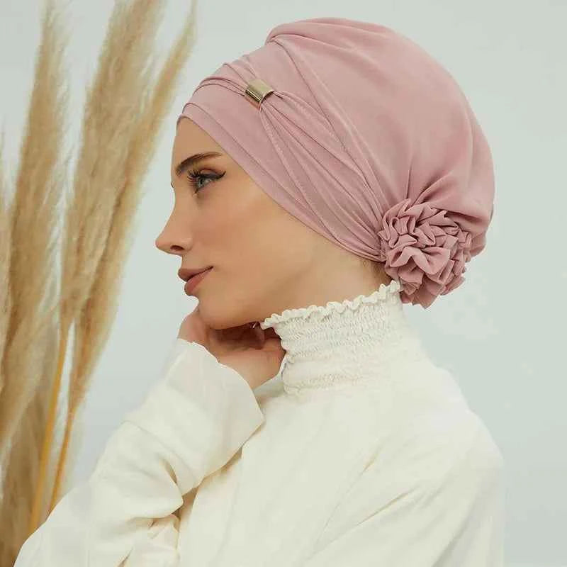 Plain Muslim Instant Turban Hat Inner Hijabs Caps Women Islamic Bandana Bonnet India Hats Female Headwrap Turbante Mujer Flower