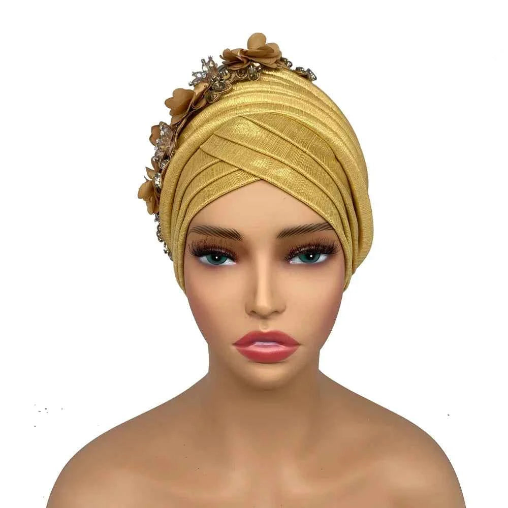 Already Made Wedding Geles Female Head Wraps with Diamond Flower 2024 New African Women's Turban Cap Nigeria Auto Gele Headtie