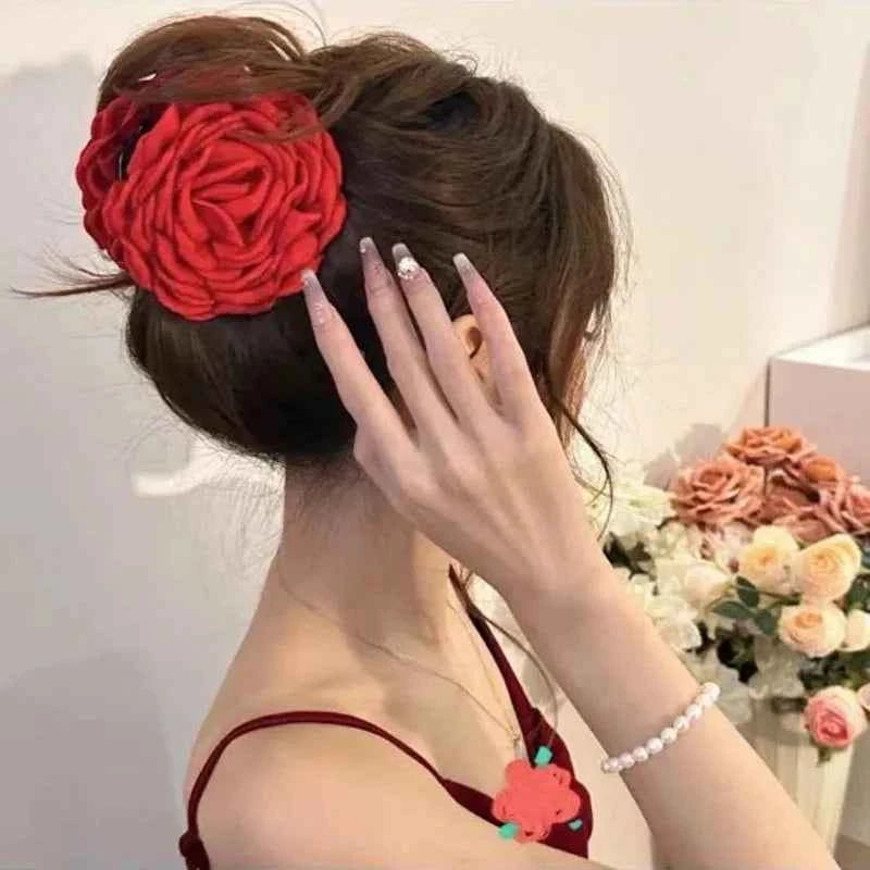 French Romantic Rose Flower Hair Clip Women Elegant Large Shark Clip Hair Claw Ponytail Barrettes Girl Hair Accessories Headwear