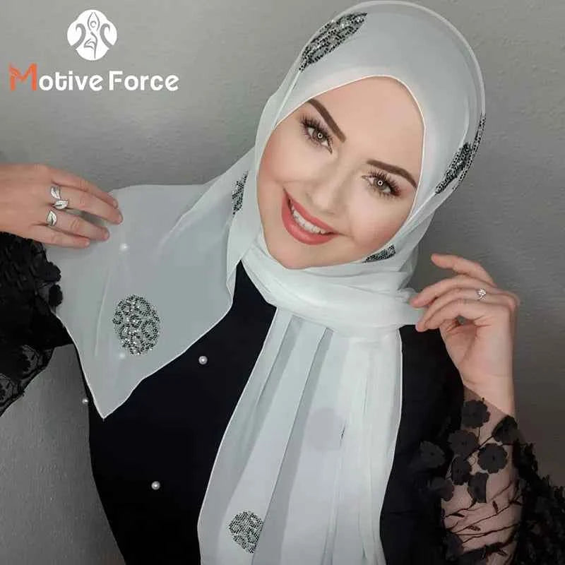 Muslim Instant Turban Rhinestone White Chiffon Hijab Abaya Hijabs For Woman Abayas Jersey Glitter Head Scarf Dress Women Turbans