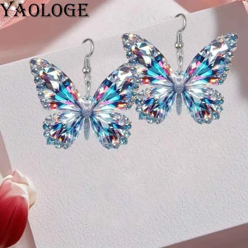 YAOLOGE 2025 New Arrival Sparkling Flat Butterfly Earrings Acrylic Material Women Novel Glamorous Eardrop Party Gifts