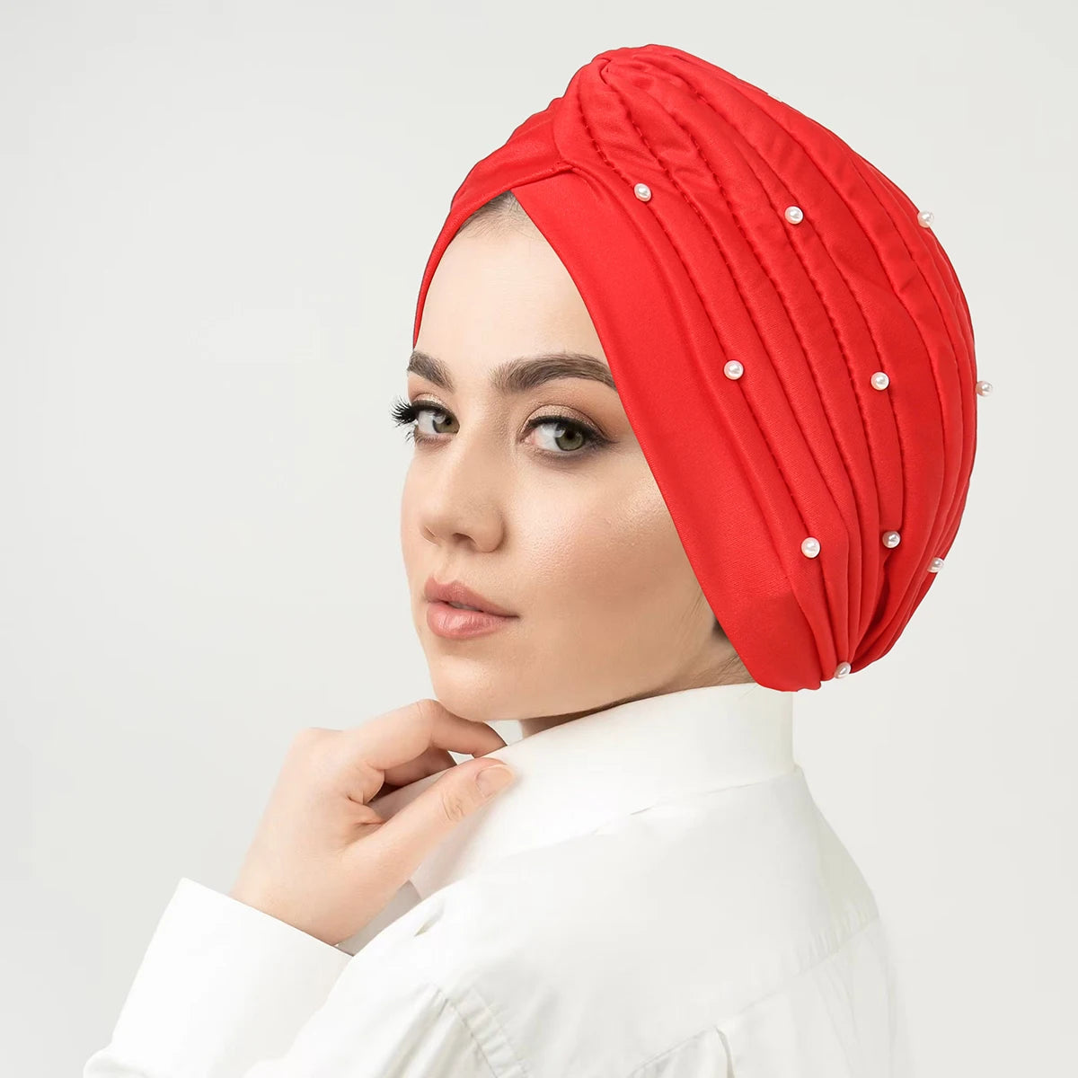 Solid Color Pearl Crinkle Women Muslim Hijab Caps Wrap Head Soft Elastic Ladies Turban Bonnet Islamic Clothing Accessories - NamafadStore