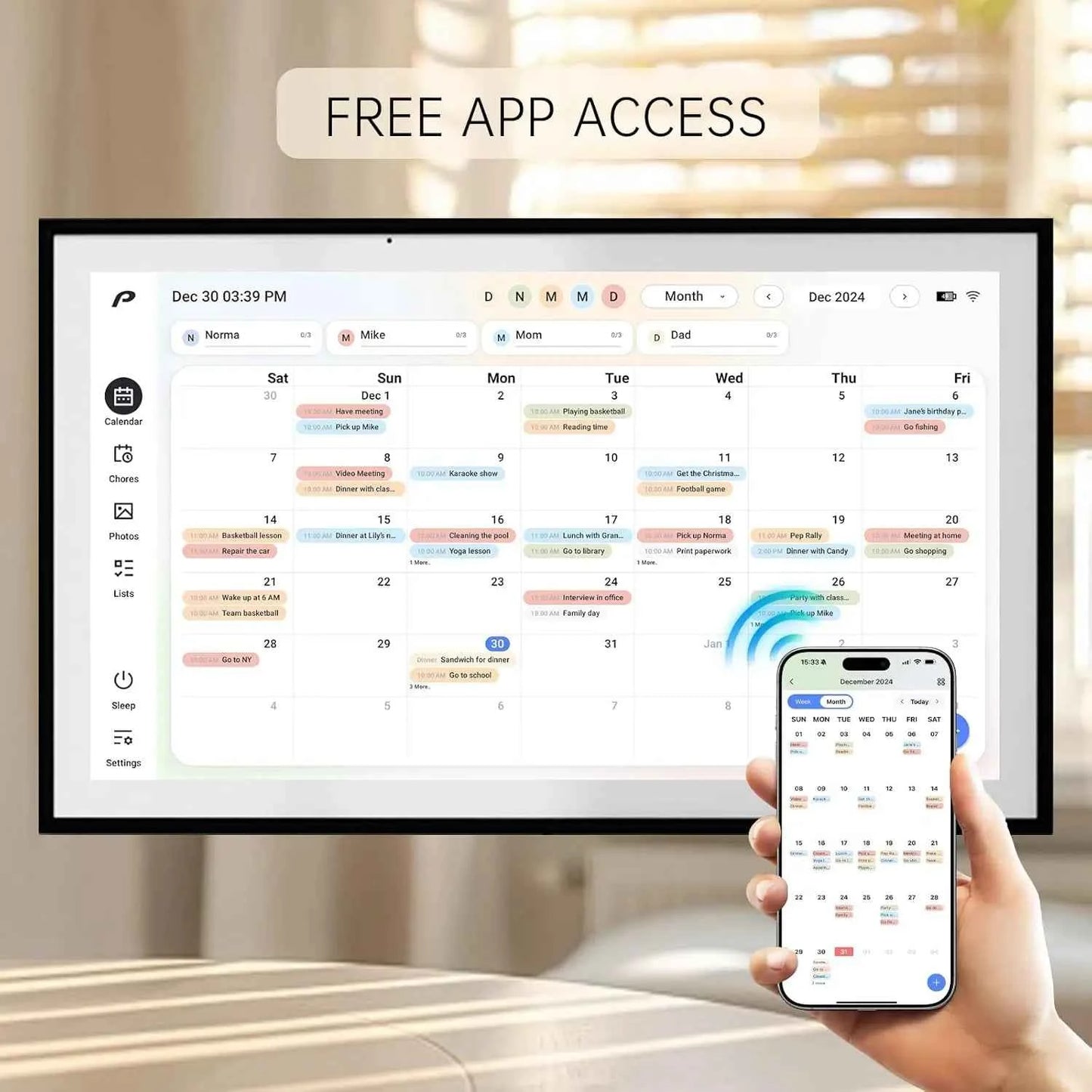 15.6 Inch Wall Planner Digital Calendar Chore Chart Smart Touchscreen Interactive Display APP Control 64GB for Family Schedules