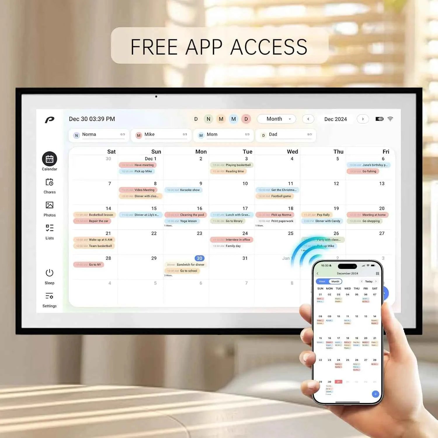 15.6 Inch Wall Planner Digital Calendar Chore Chart Smart Touchscreen Interactive Display APP Control 64GB for Family Schedules